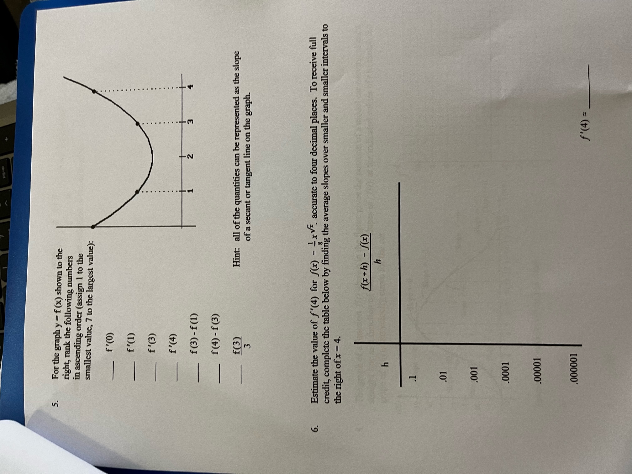 6. For the graph y= f(x) shown to the right, rank the