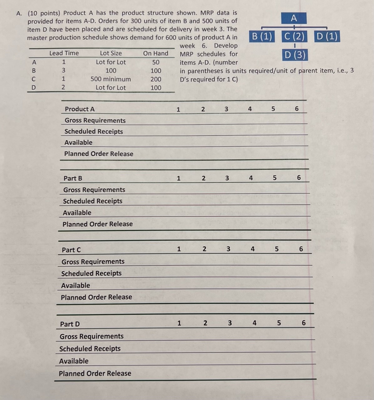 A. (10 points) Product A has the product structure shown. MRP data