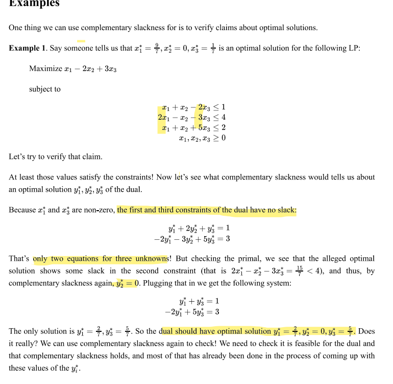 Examples One thing we can use complementary slackness for is to verify