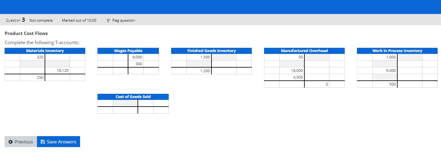 Question 3 Not complete Marked out of 10.00 Flag question Product Cost