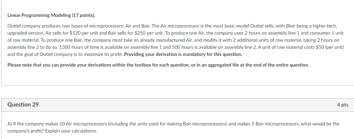 Linear Programming Modeling (17 points). Outtel company produces two types of microprocessors: