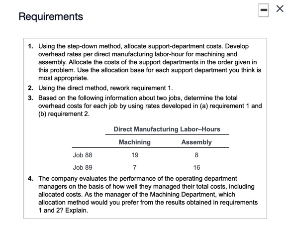 Requirements 1. Using the step-down method, allocate support-department costs. Develop overhead rates
