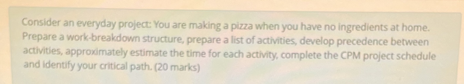 Consider an everyday project: You are making a pizza when you have