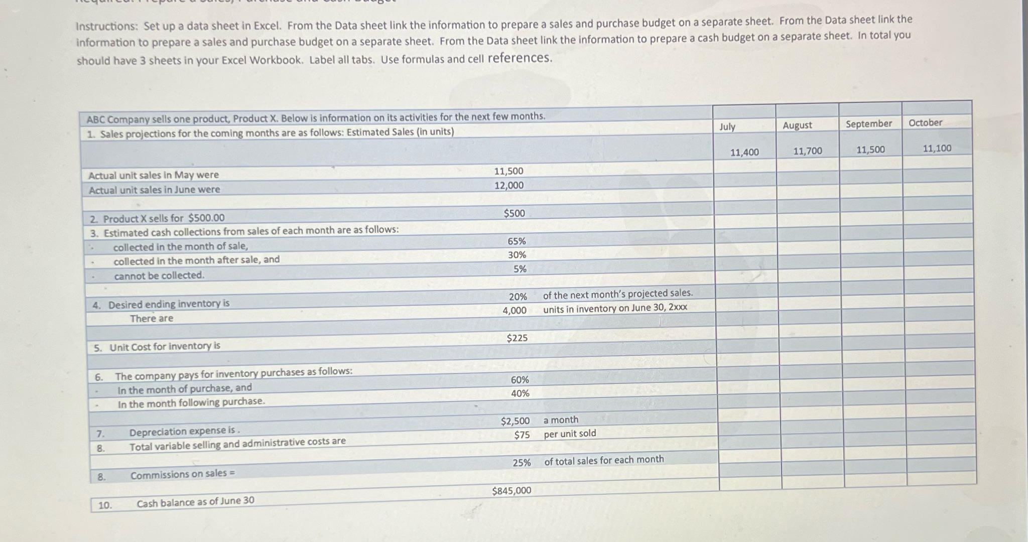 Instructions: Set up a data sheet in Excel. From the Data sheet