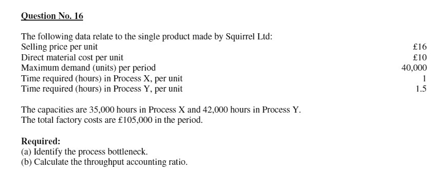Question No. 16 The following data relate to the single product made