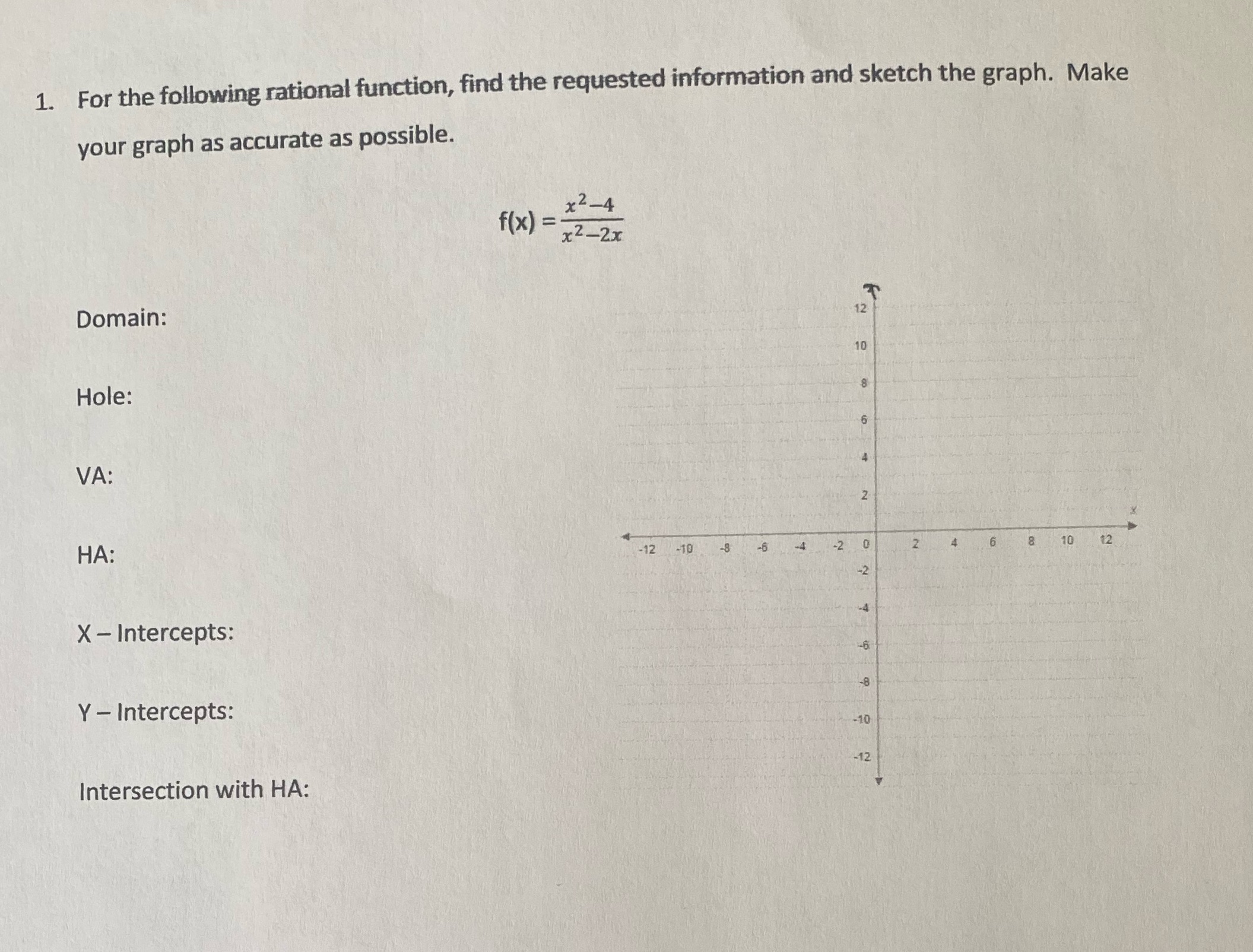 1. For the following rational function, find the requested information and sketch