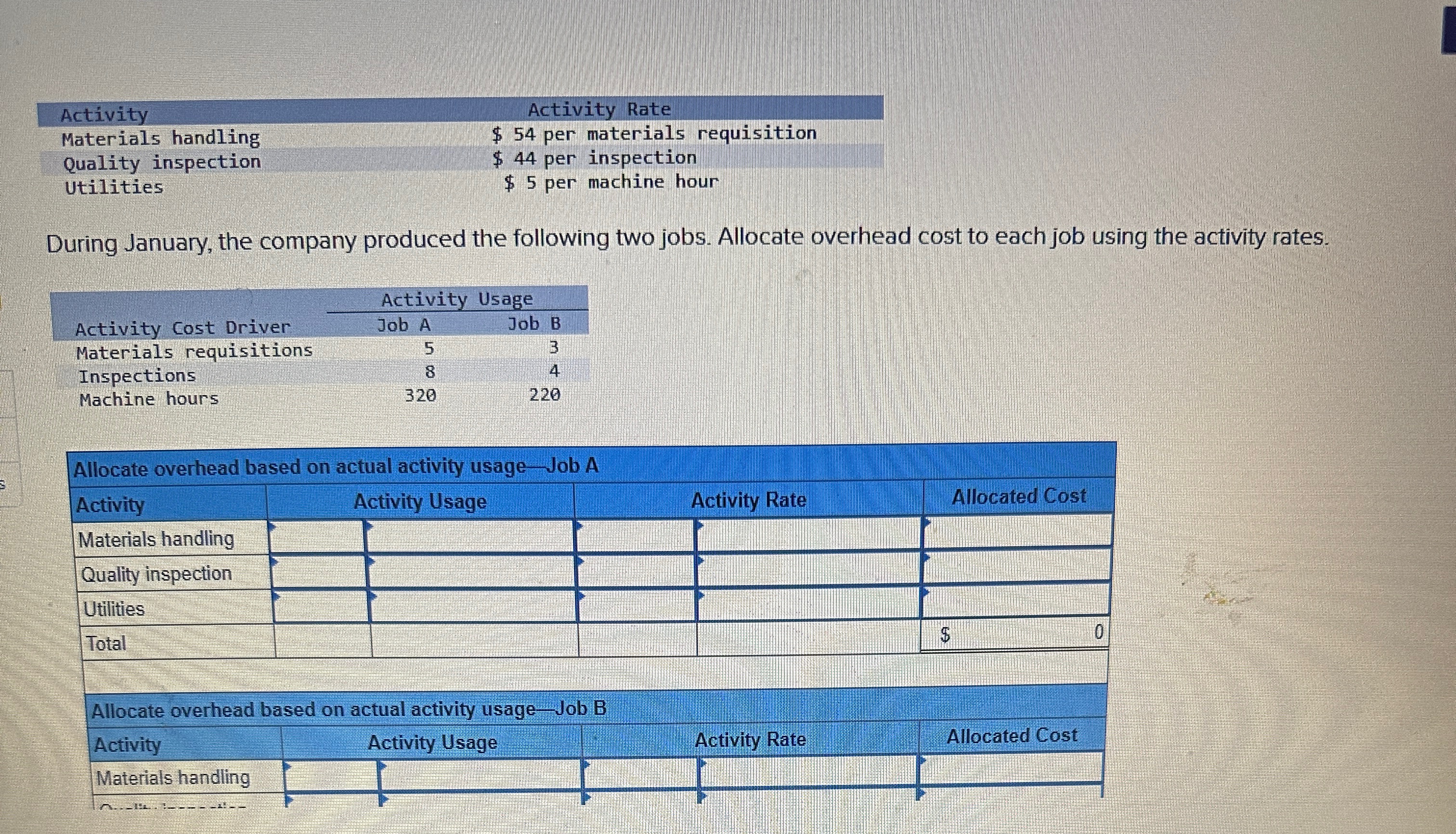 Activity Materials handling Quality inspection Utilities Activity Rate $ 54 per materials