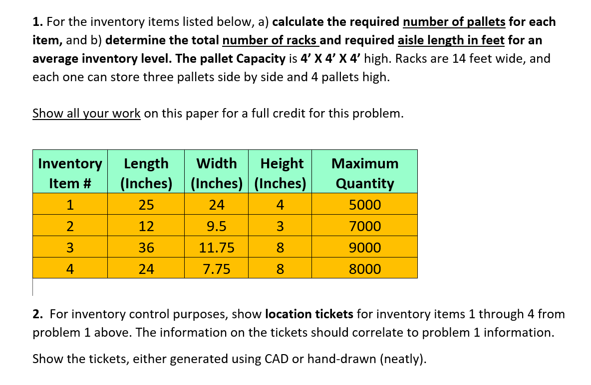 1. For the inventory items listed below, a) calculate the required number