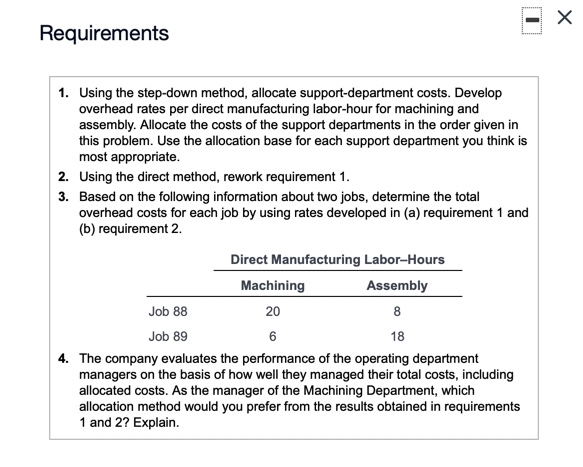 Requirements 1. Using the step-down method, allocate support-department costs. Develop overhead rates