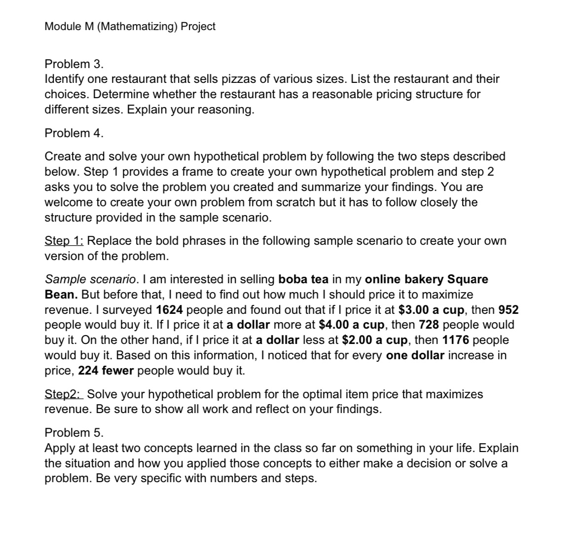 Module M (Mathematizing) Project Problem 3. Identify one restaurant that sells pizzas