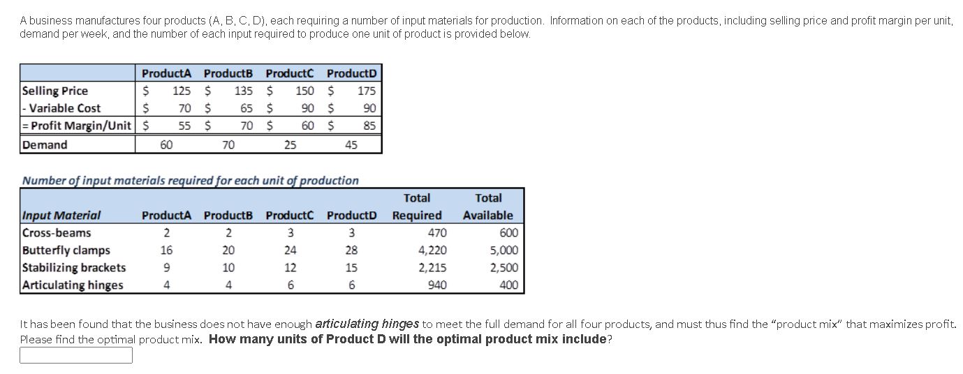 product (SKU) on each "resource" (machine), as well as demand and margin/unit