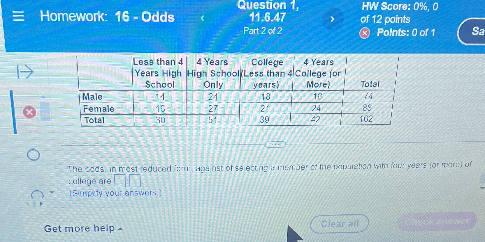 \>>> Homework: 16-Odds Less than 4 4 Years Question 1, 11.6.47 HW