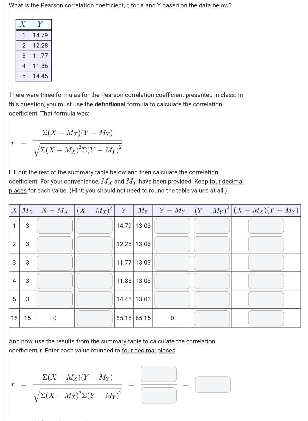 What is the Pearson correlation coefficient, r, for X and Y based