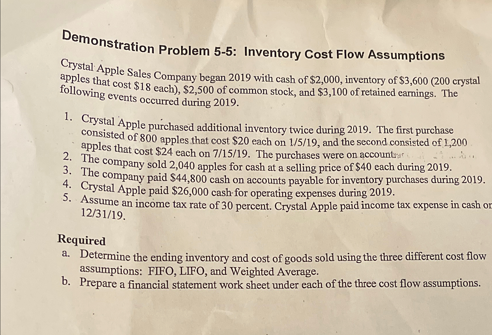 Demonstration Problem 5-5: Inventory Cost Flow Assumptions Crystal Apple Sales Company began