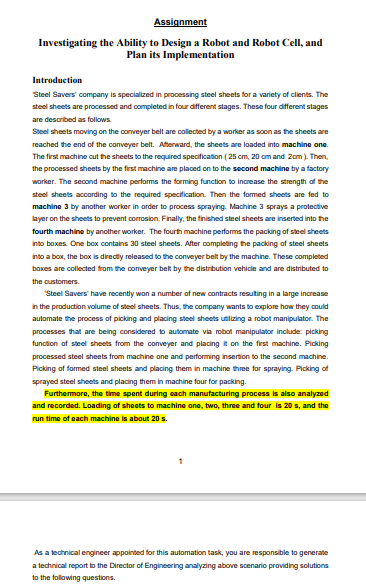 Assignment Investigating the Ability to Design a Robot and Robot Cell, and