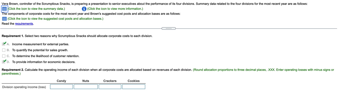 Vera Brown, controller of the Scrumptious Snacks, is preparing a presentation to