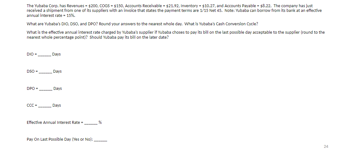 = The Yubaba Corp. has Revenues = $200, COGS - $150, Accounts