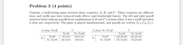 Problem 3 (4 points) Consider a tariff-setting game between three countries, A,