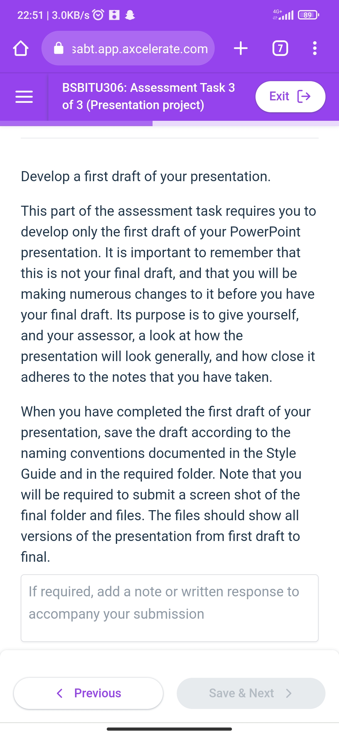 22:51 | 3.0KB/s H sabt.app.axcelerate.com 4G+ 89 + [7] BSBITU306: Assessment Task