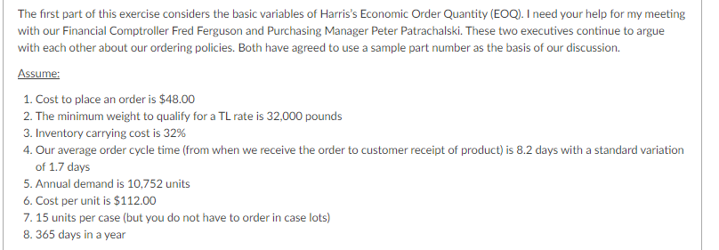 The first part of this exercise considers the basic variables of Harris's
