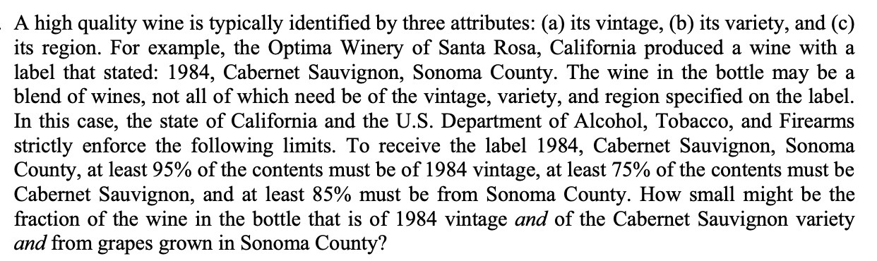 A high quality wine is typically identified by three attributes: (a) its