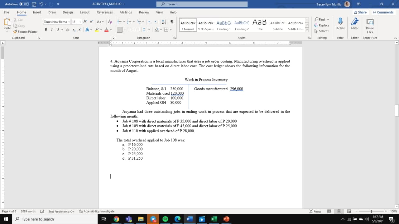 AutoSave ACTIVITY#3 MURILLO Search File Home Paste X Cut Insert Draw Design