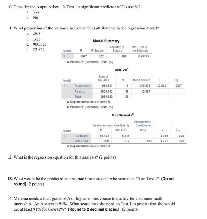 10. Consider the output below. Is Test 1 a significant predictor of
