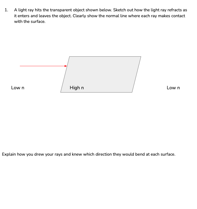 1. A light ray hits the transparent object shown below. Sketch out
