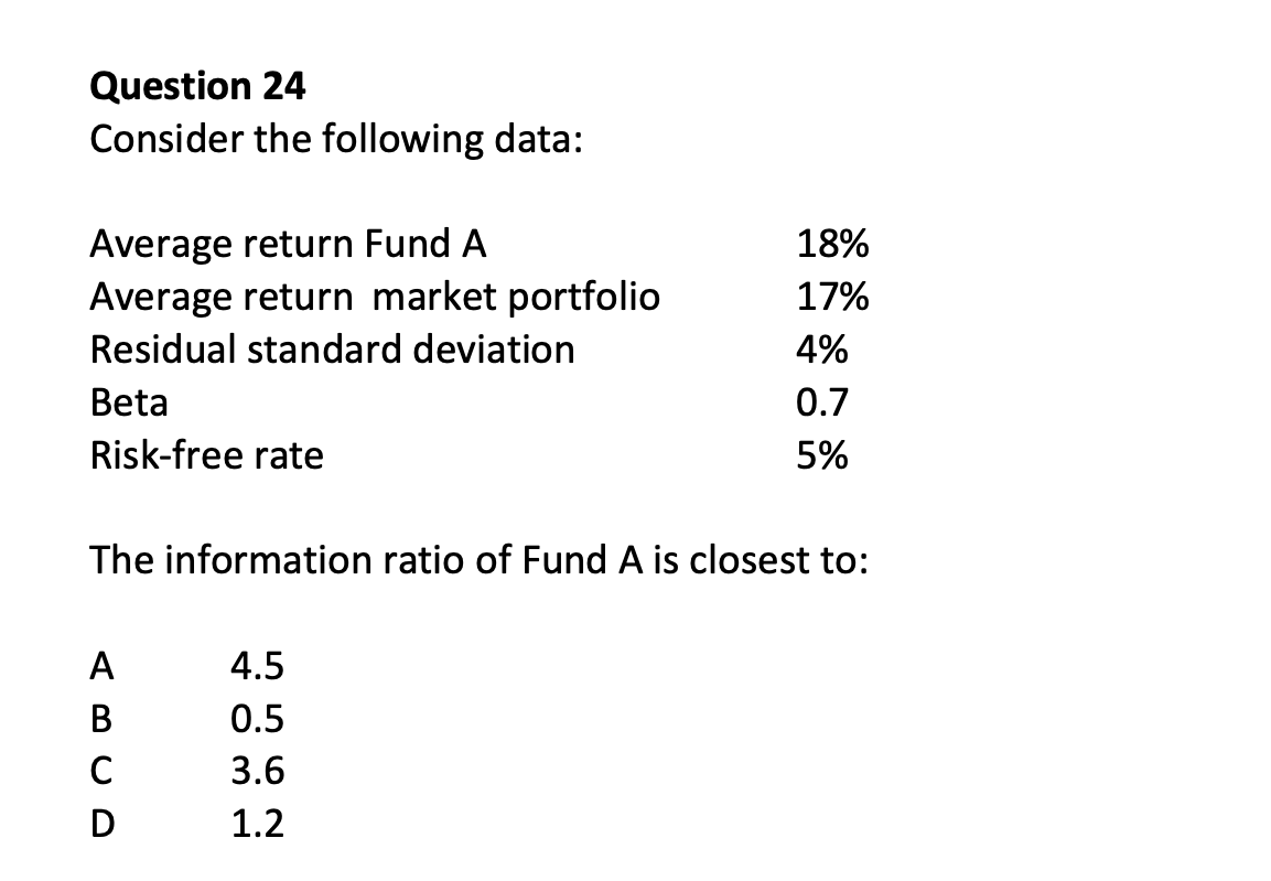 Question 24 Consider the following data: Average return Fund A Average return