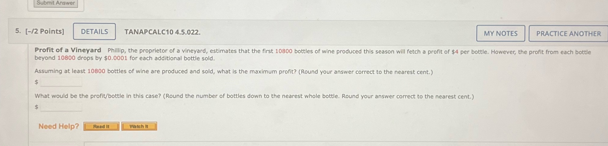 Submit Answer 5. [-/2 Points] DETAILS TANAPCALC10 4.5.022. MY NOTES PRACTICE ANOTHER