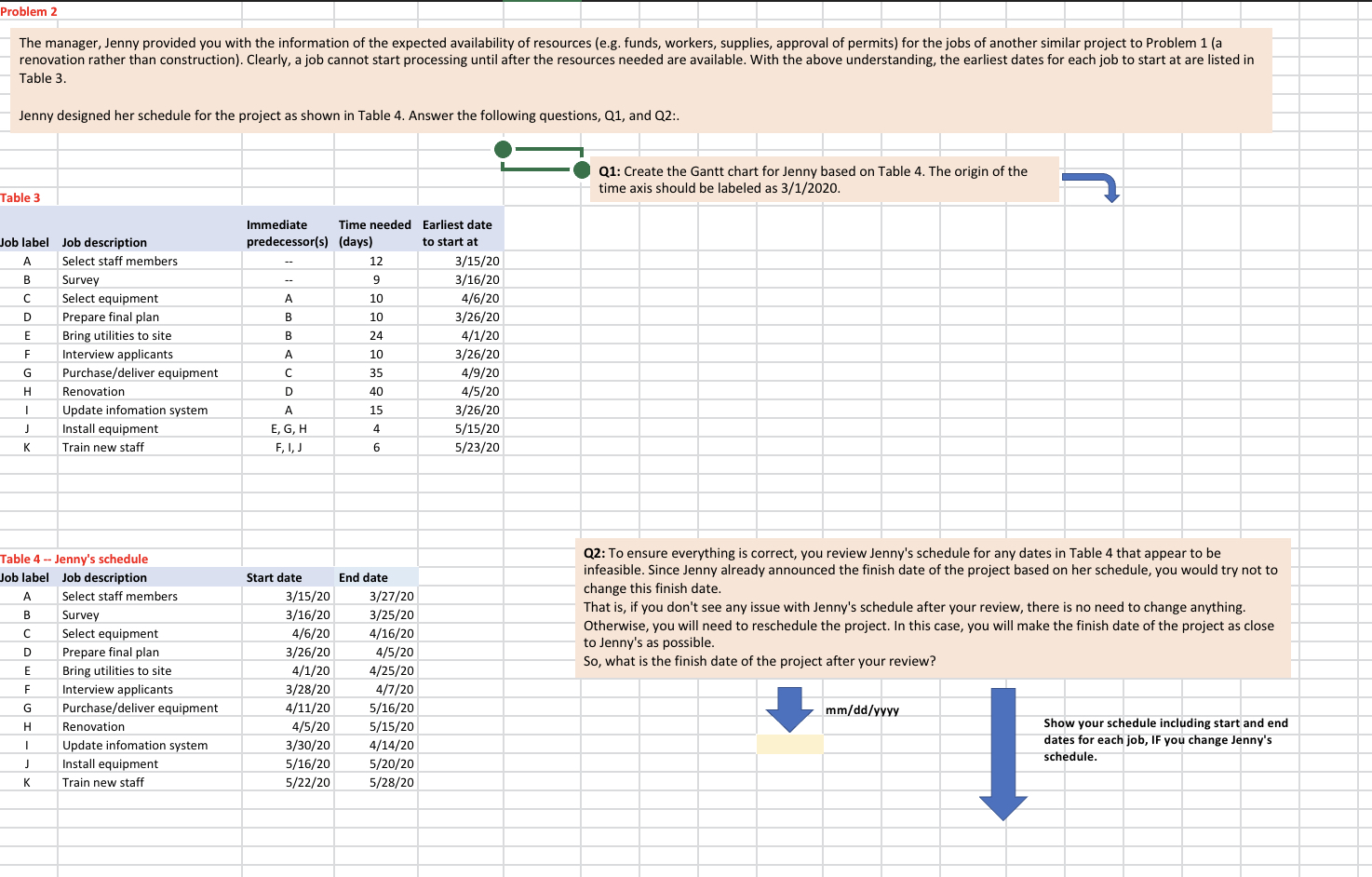 Problem 2 The manager, Jenny provided you with the information of the