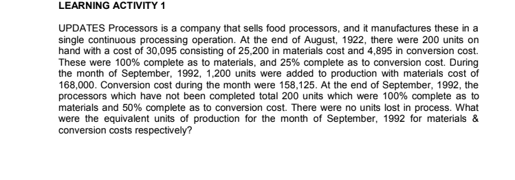 LEARNING ACTIVITY 1 UPDATES Processors is a company that sells food processors,