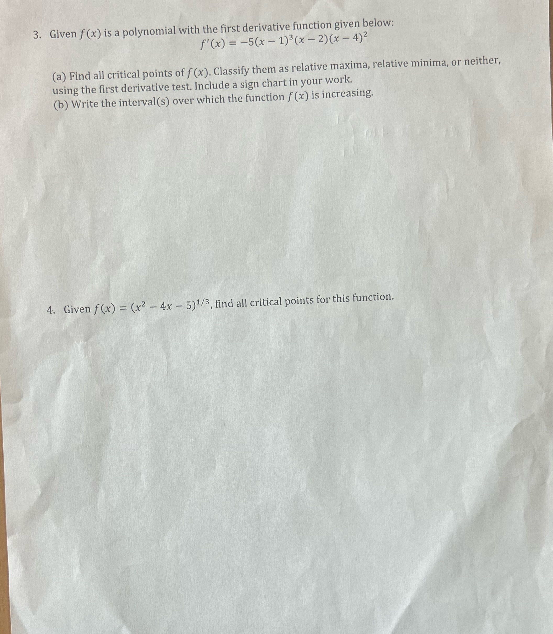 3. Given f(x) is a polynomial with the first derivative function given