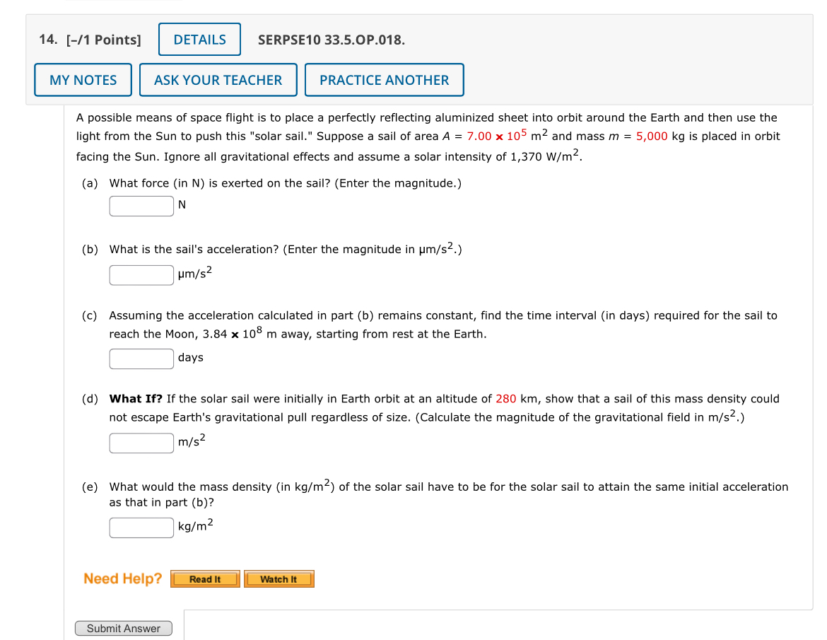 14. [-/1 Points] DETAILS SERPSE10 33.5.OP.018. MY NOTES ASK YOUR TEACHER PRACTICE