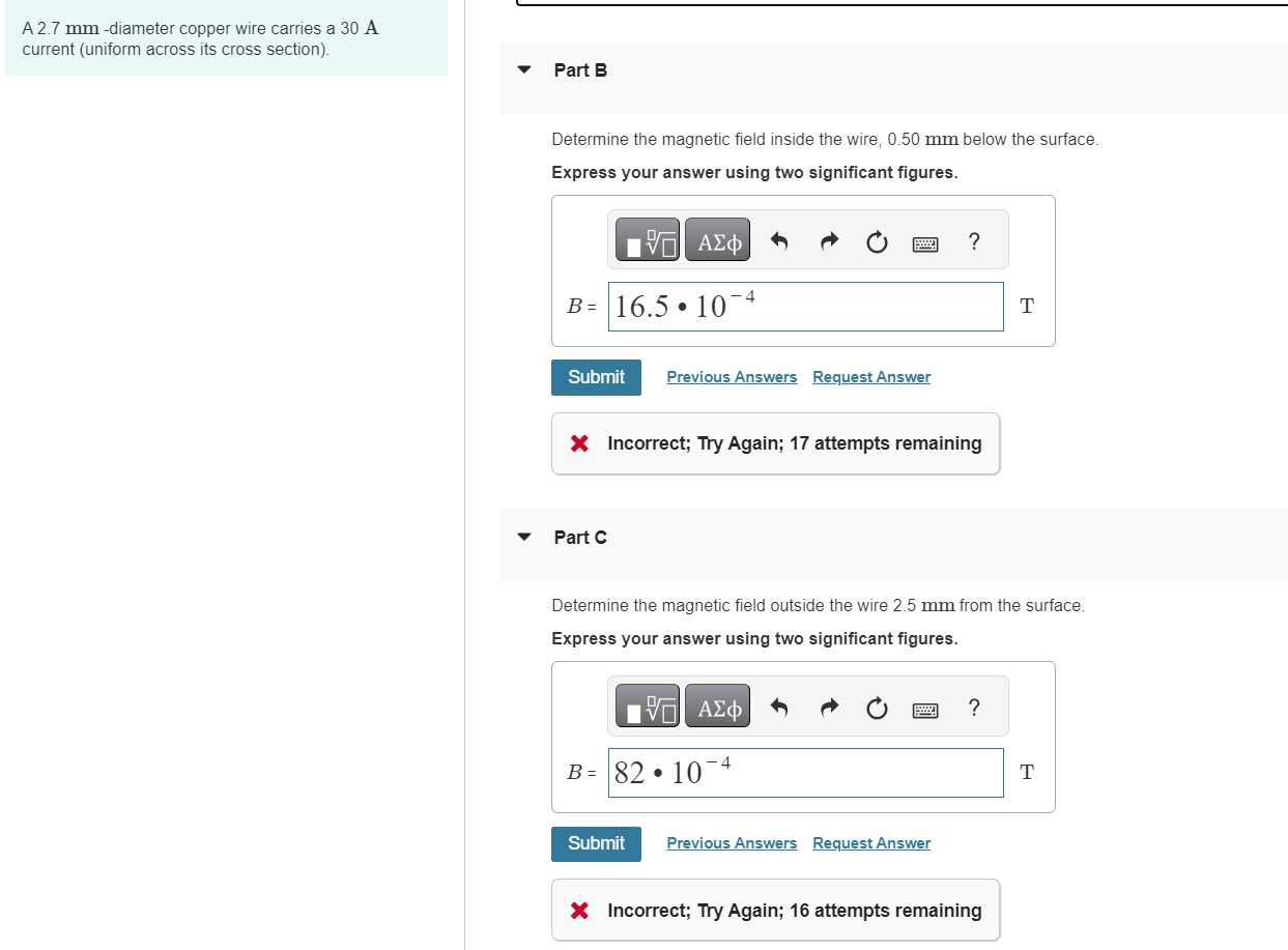 A 2.7 mm-diameter copper wire carries a 30 A current (uniform across
