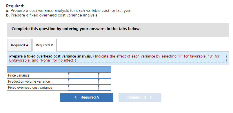last year. b. Prepare a fixed overhead cost variance analysis. Complete this