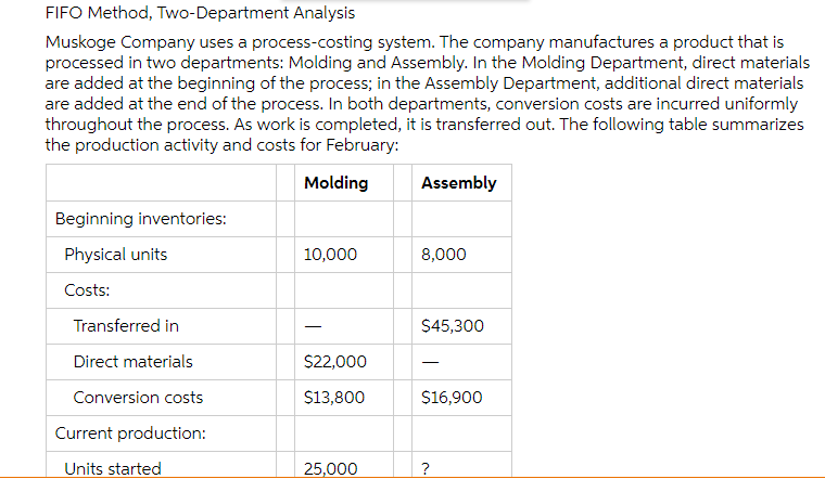 FIFO Method, Two-Department Analysis Muskoge Company uses a process-costing system. The company