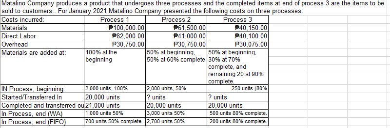 units of materials and conversion for Process 1, 2 and 3 (6