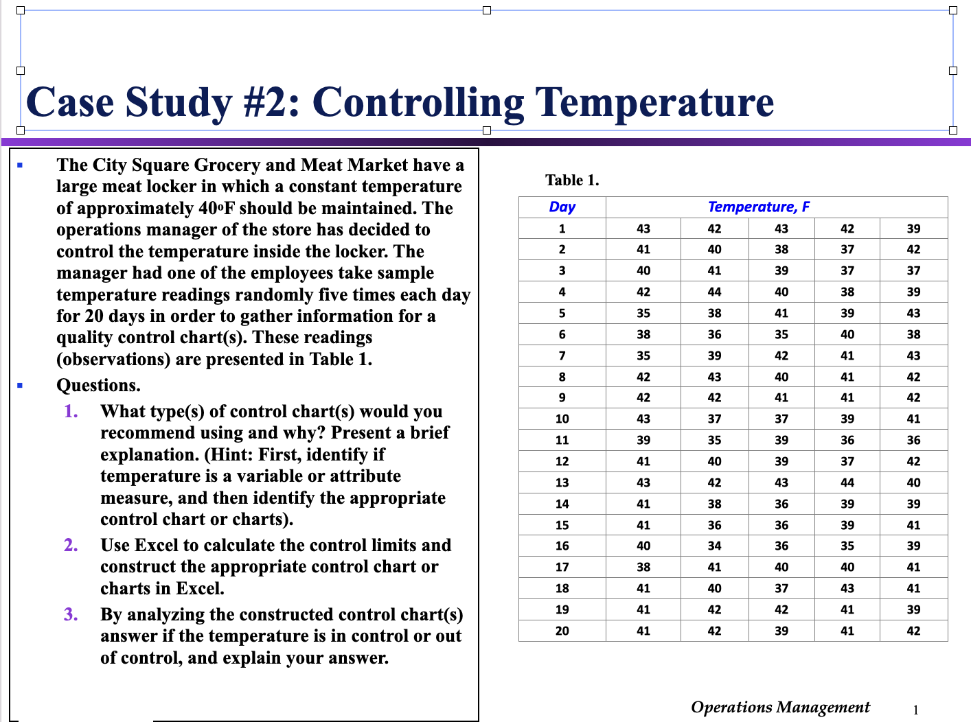 Case Study #2: Controlling Temperature The City Square Grocery and Meat Market