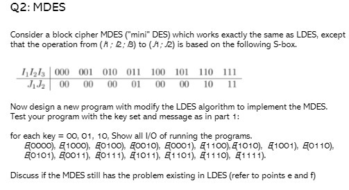 Q2: MDES Consider a block cipher MDES ("mini" DES) which works exactly