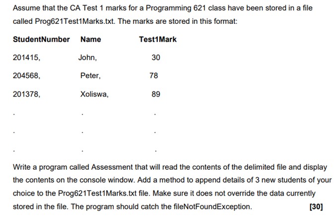 Assume that the CA Test 1 marks for a Programming 621 class