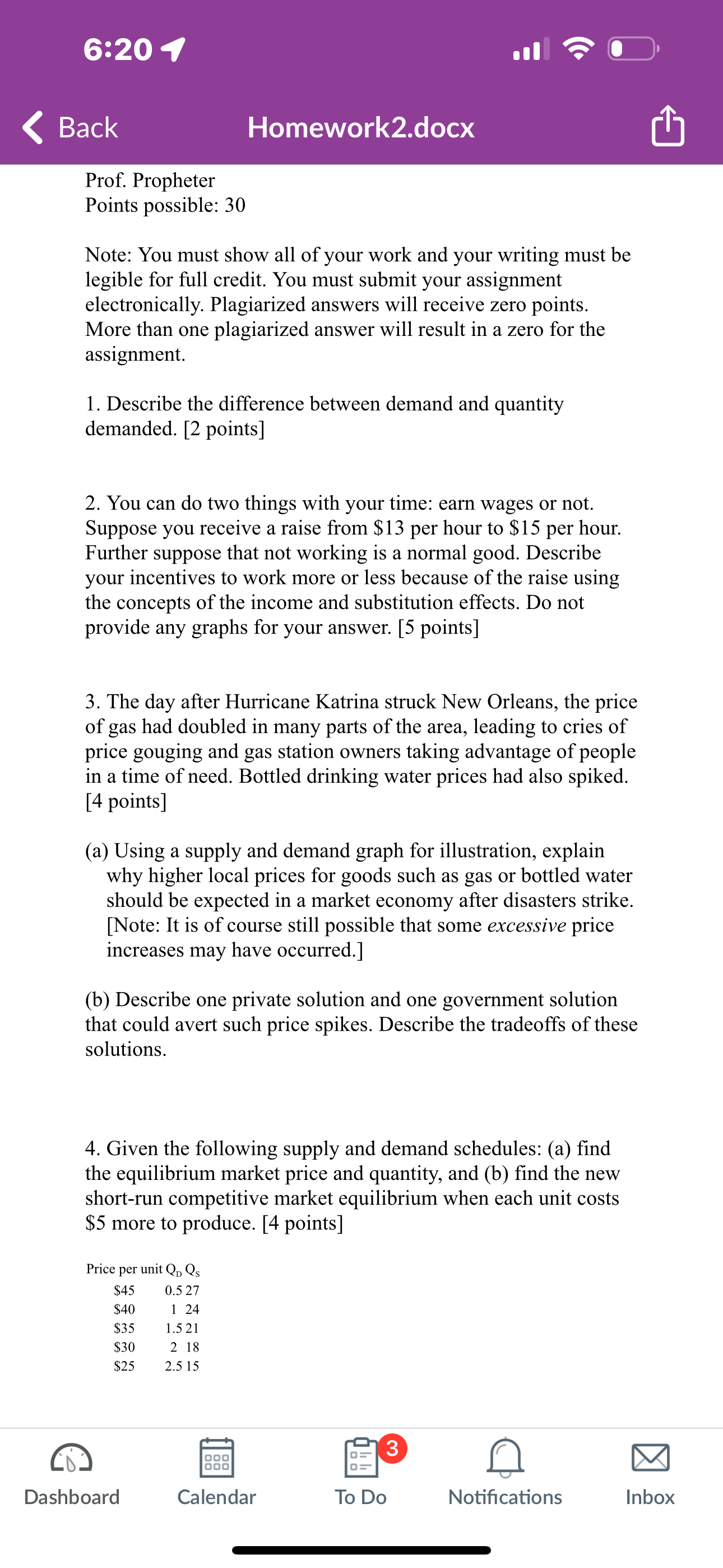 6:201 Back Prof. Propheter Points possible: 30 Homework2.docx Note: You must show