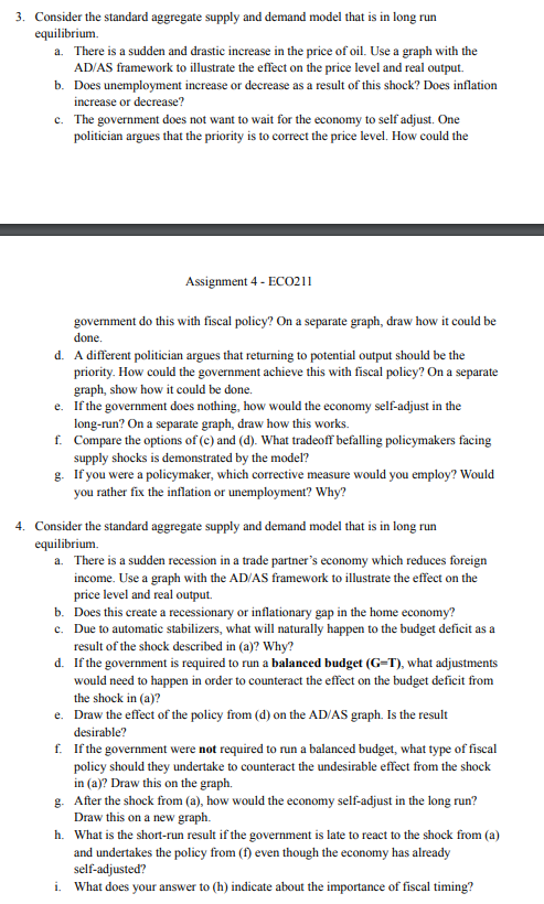 3. Consider the standard aggregate supply and demand model that is in