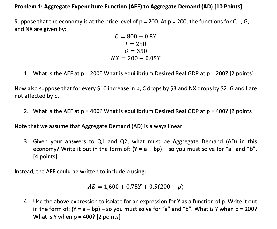 Problem 1: Aggregate Expenditure Function (AEF) to Aggregate Demand (AD) [10 Points]