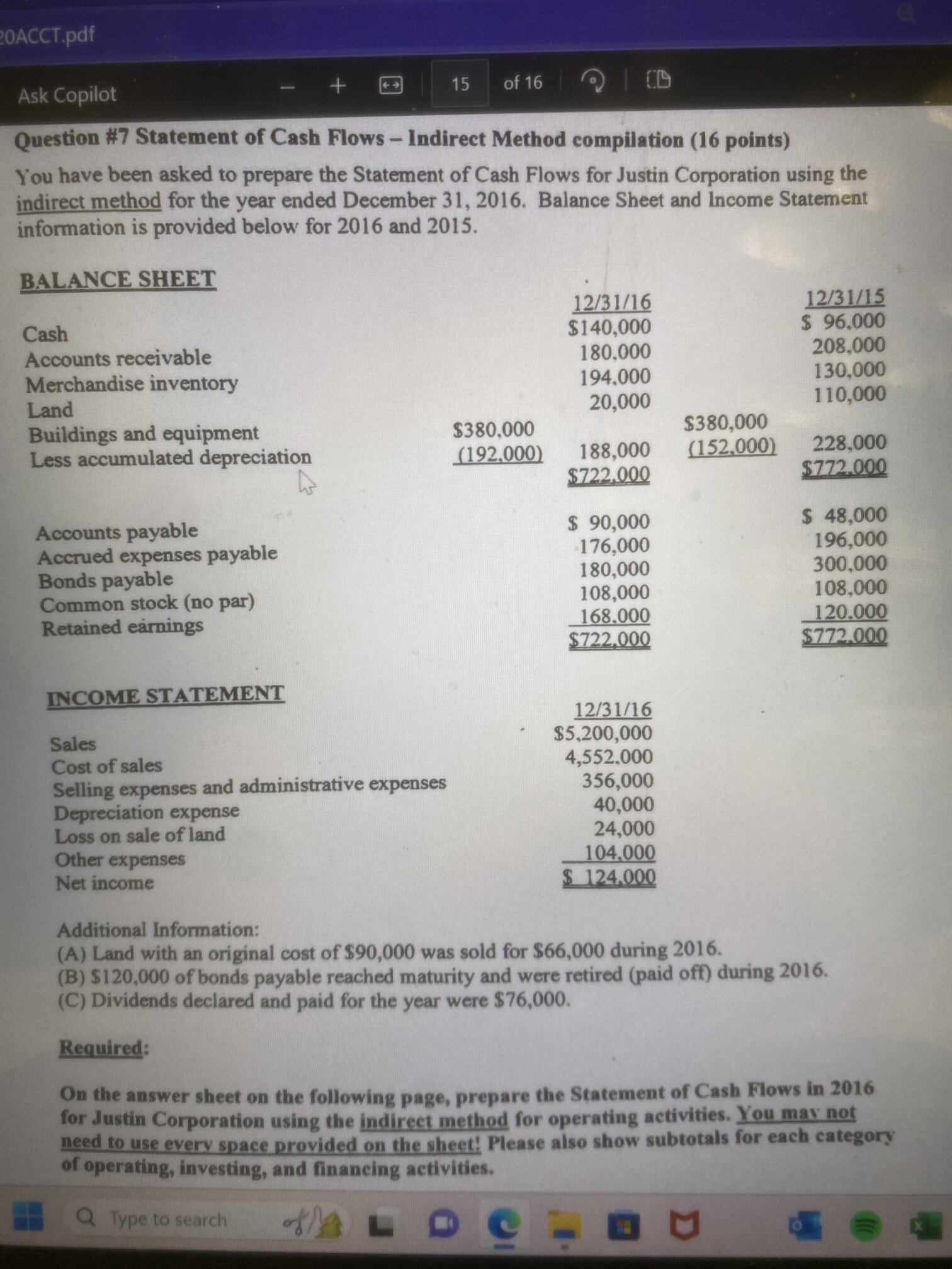 20ACCT.pdf Ask Copilot 15 of 16 CD Question #7 Statement of Cash