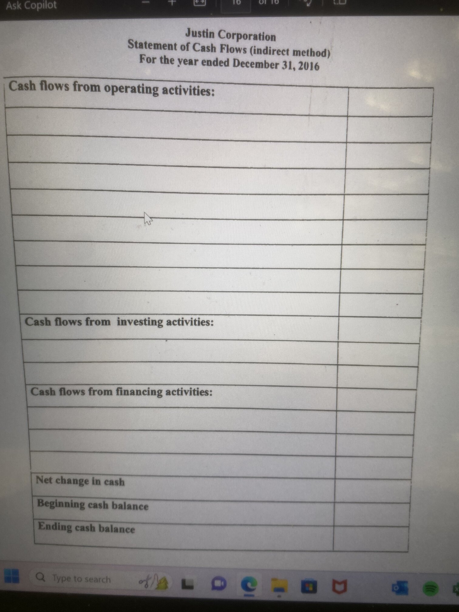 Flows - Indirect Method compilation (16 points) You have been asked to