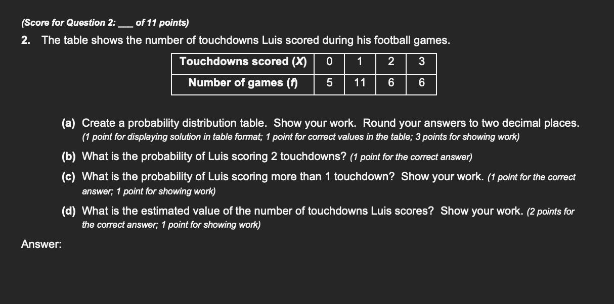 (Score for Question 2: of 11 points) 2. The table shows the