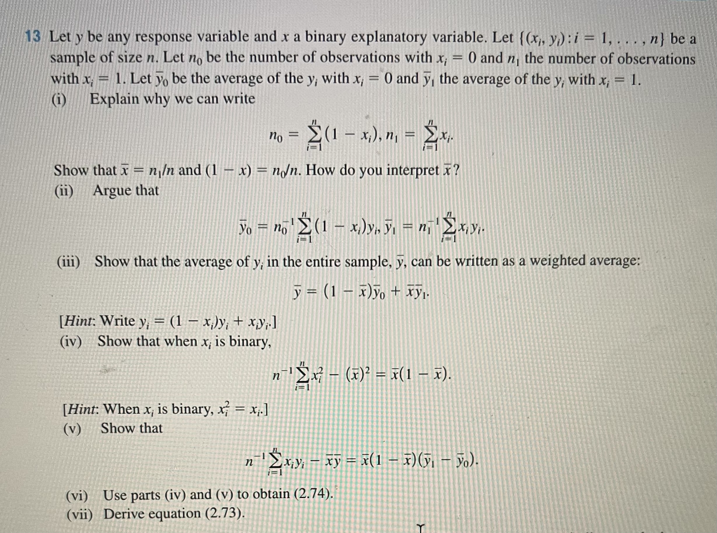 13 Let y be any response variable and x a binary explanatory