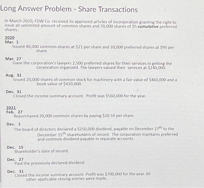 Long Answer Problem - Share Transactions In March 2020, FDW Co. received