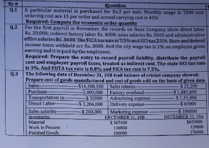 Sr # Q.1 Q.2 Q.3 Question A particular material is purchased for